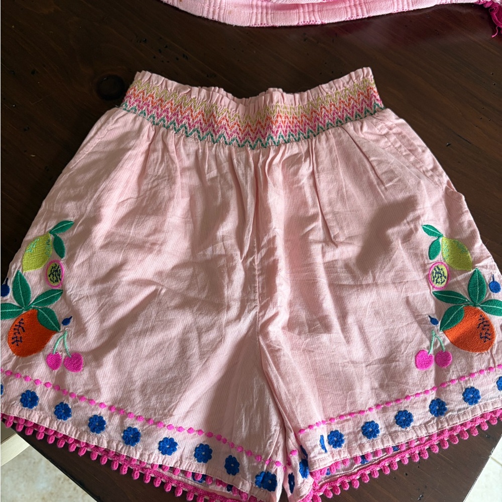 Mini Boden Pink Embroidered Fruit Shorts with Pom Trim
